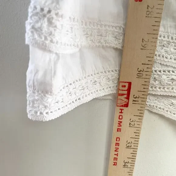 White Pintuck Boho Crochet Fringe Tunic Top Small Cotton Flutter Sleeve Coastal - Picture 8 of 8